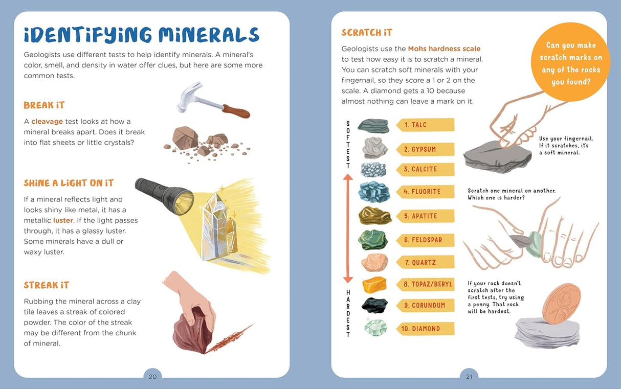 Backpack Explorer: Rock Hunt pages explaining mineral identification with tests and Mohs hardness scale for kids.