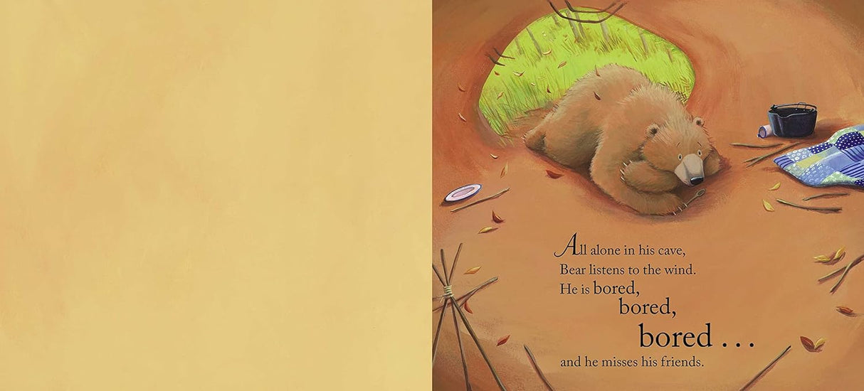 Bear lying bored alone in cave, listening to wind, missing friends in the illustrated book Bear Says Thanks.