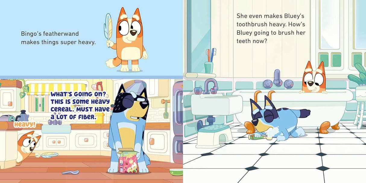 Open Bluey: What Games Should We Play? Lift the Flap! board book showing Bingo’s featherwand and Bluey brushing teeth in a kitchen setting.