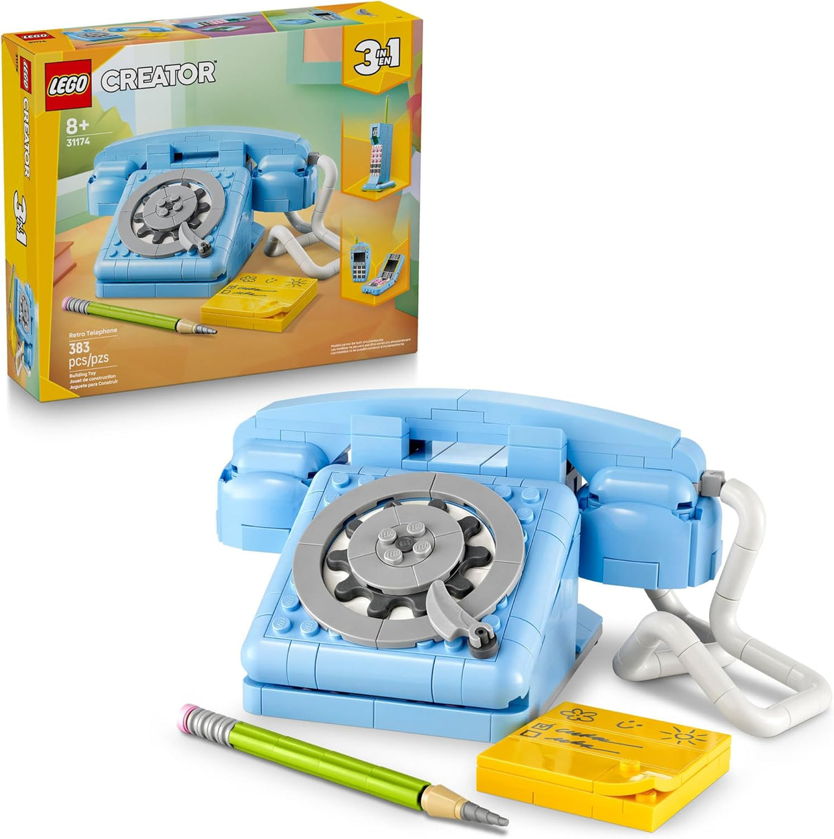 Blue LEGO retro rotary phone model with pencil and sticky note pad beside the box packaging and 3-in-1 build options shown.