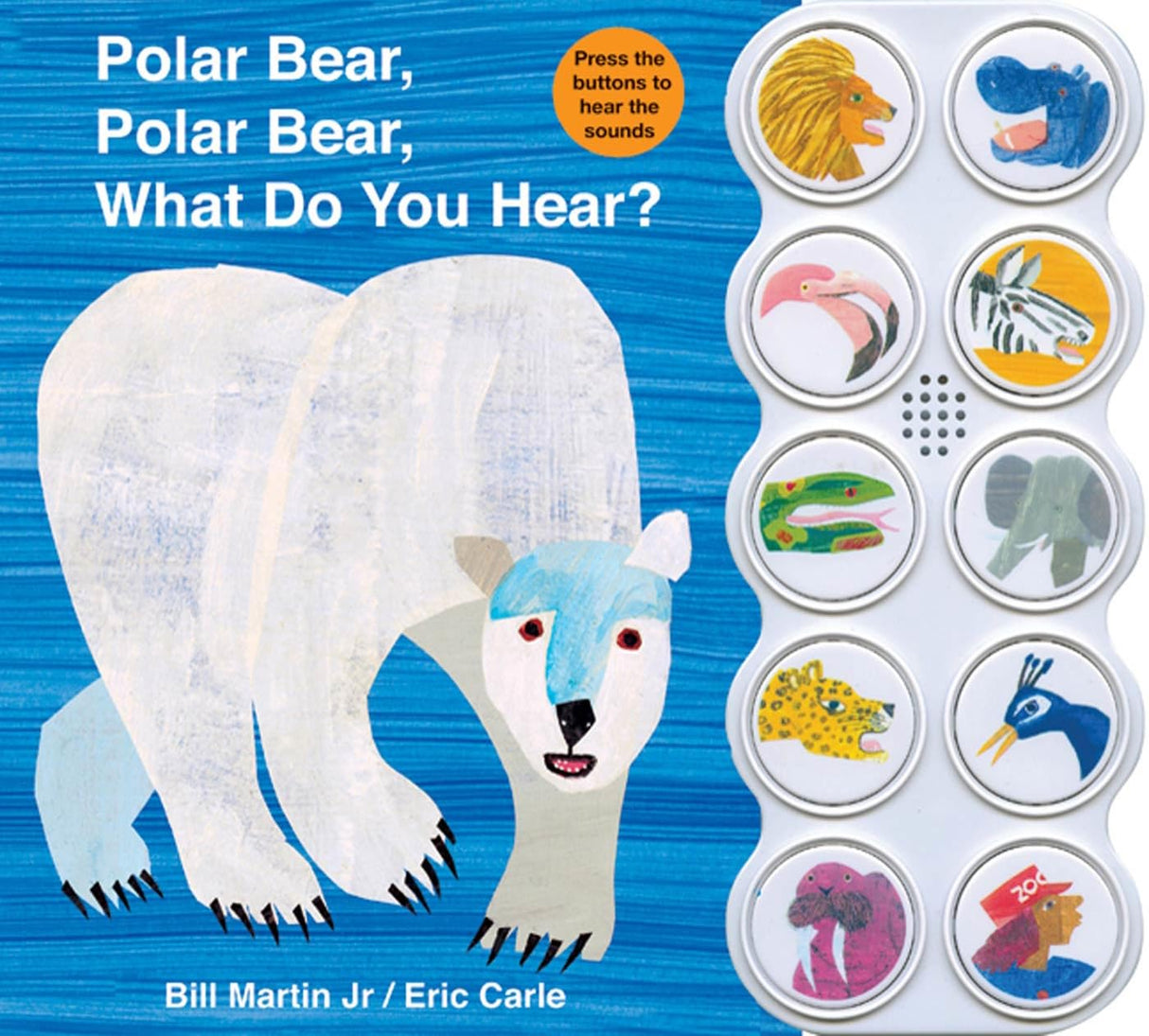 Polar Bear, Polar Bear, What Do You Hear? board book with sound buttons featuring colorful animal illustrations.