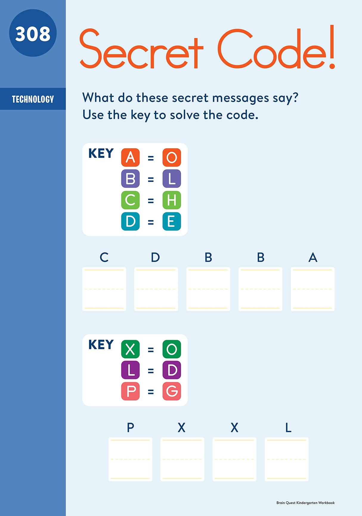 Brain Quest Workbook Kindergarten page with secret code puzzles using color-coded letter keys for decoding practice.