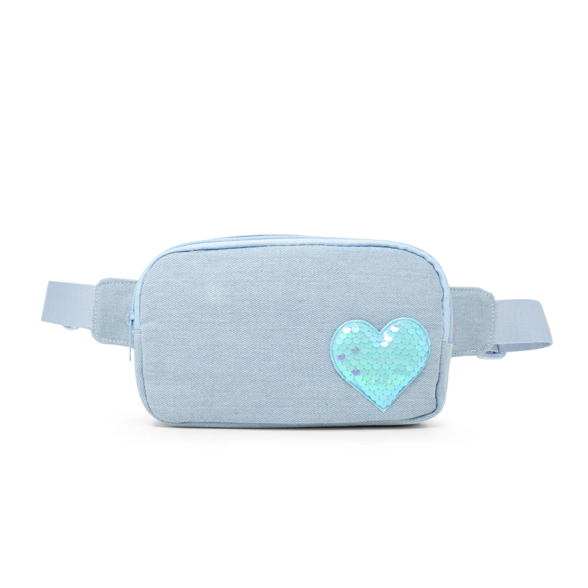 Sequin Heart Sling Bag | Blue Denim with turquoise sequin heart detail