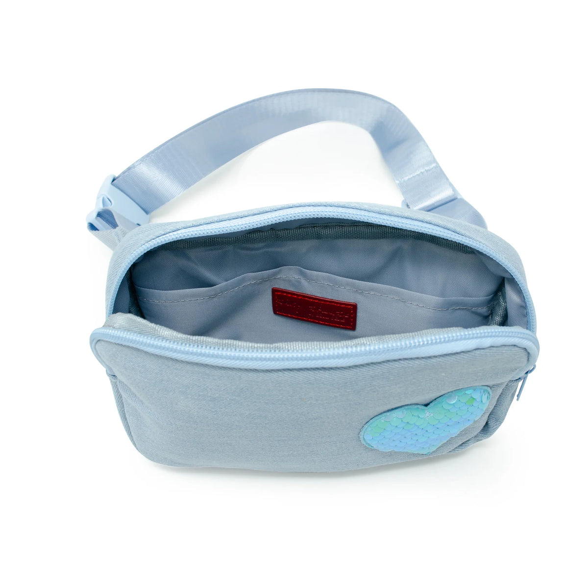 Sequin Heart Sling Bag | Blue Denim shown open with a zippered compartment and iridescent heart detail