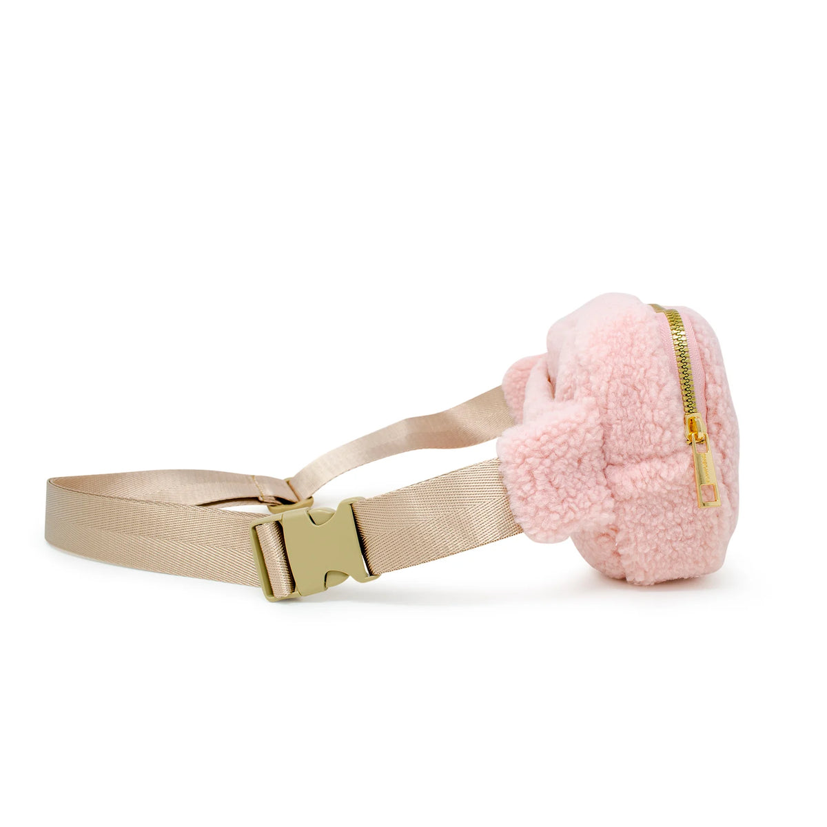 Fuzzy Heart Sling Bag in pink fuzzy fabric with an adjustable beige strap and gold zipper