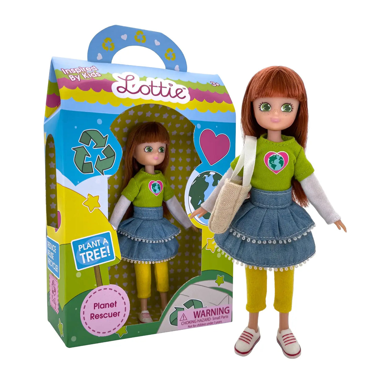 Lottie Planet Rescuer doll wearing green Earth shirt, denim skirt, yellow leggings, white sneakers, with cotton tote bag and leaflet.