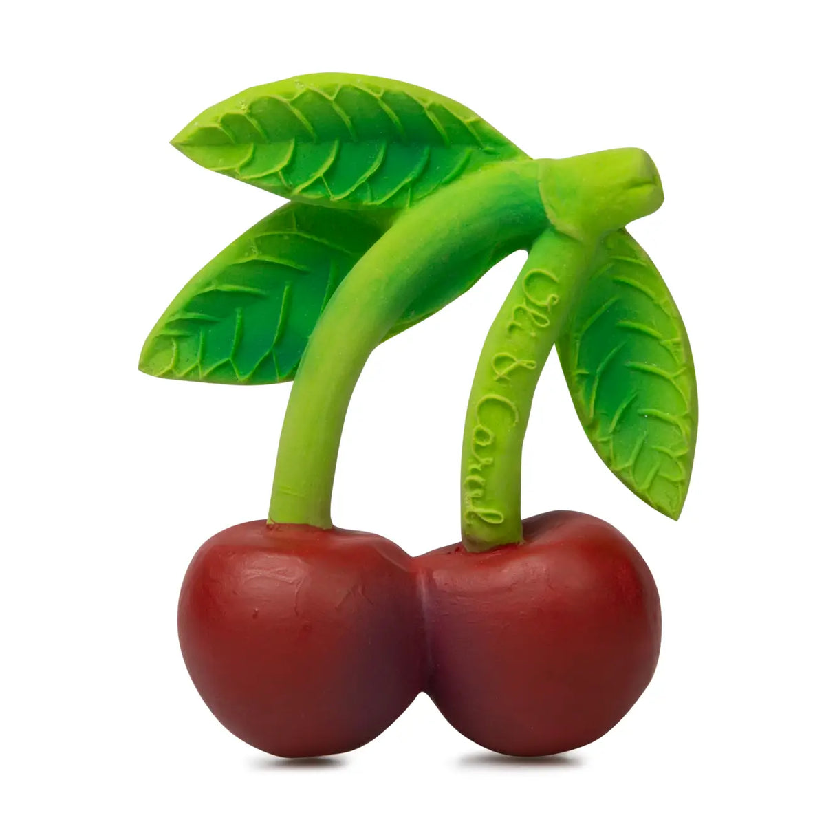 Natural cherry-shaped baby teether with green leaves, made from 100% natural rubber, safe for soothing gums and sensory play