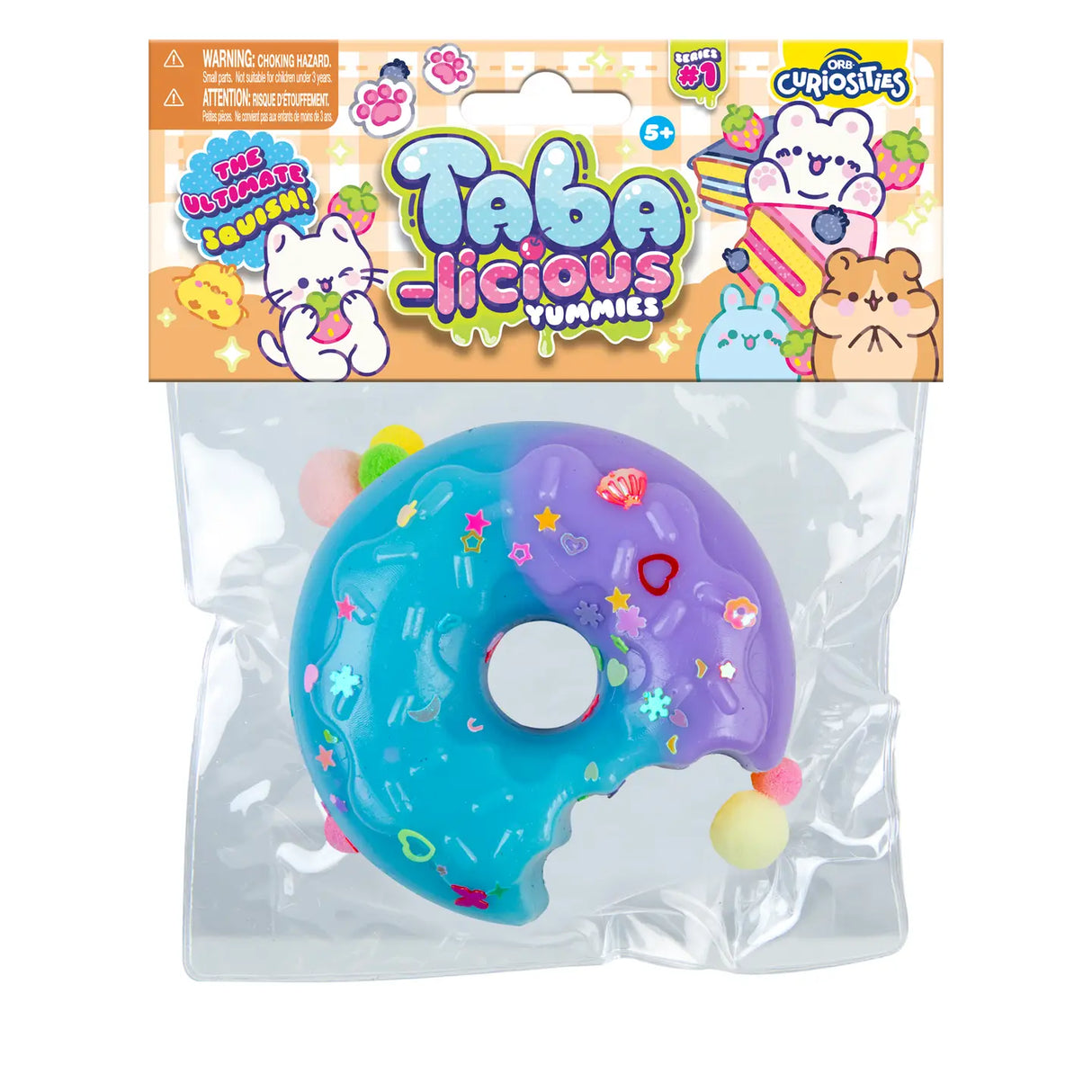 Taba-licious Mega Yummies Squishy donut toy with colorful star and heart sprinkles in clear packaging