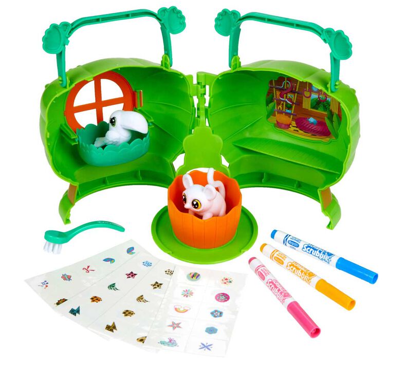 Scribble Scrubbie Treehouse playset with jungle animal pets, washable markers, stickers, and foldable green treehouse case.