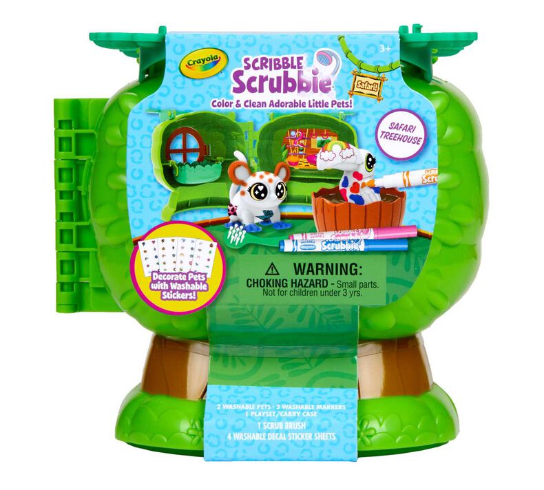 Scribble Scrubbie Treehouse playset with jungle animals, markers, and stickers for colorful creative fun.