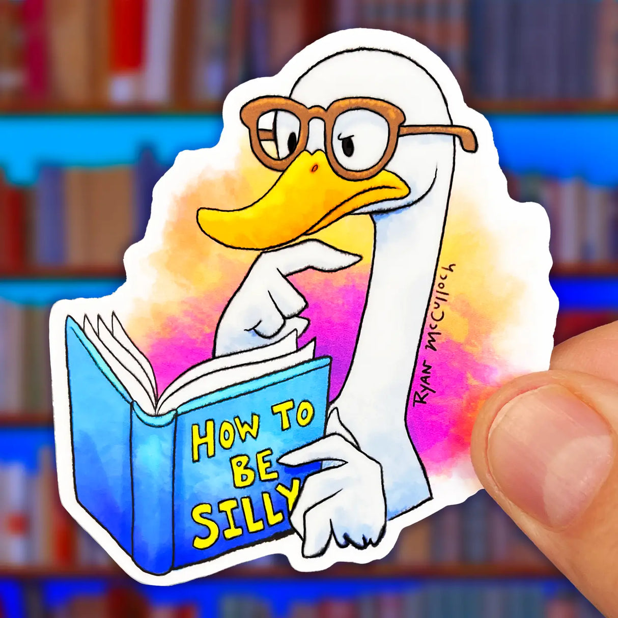 Silly Goose Reading Sticker featuring a thoughtful goose with glasses holding a book titled How to Be Silly.