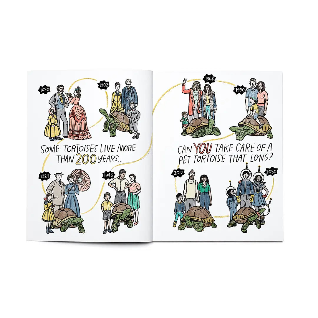 Open book showing illustrated people from different eras with tortoises and text about tortoises living over 200 years in a kids activity book