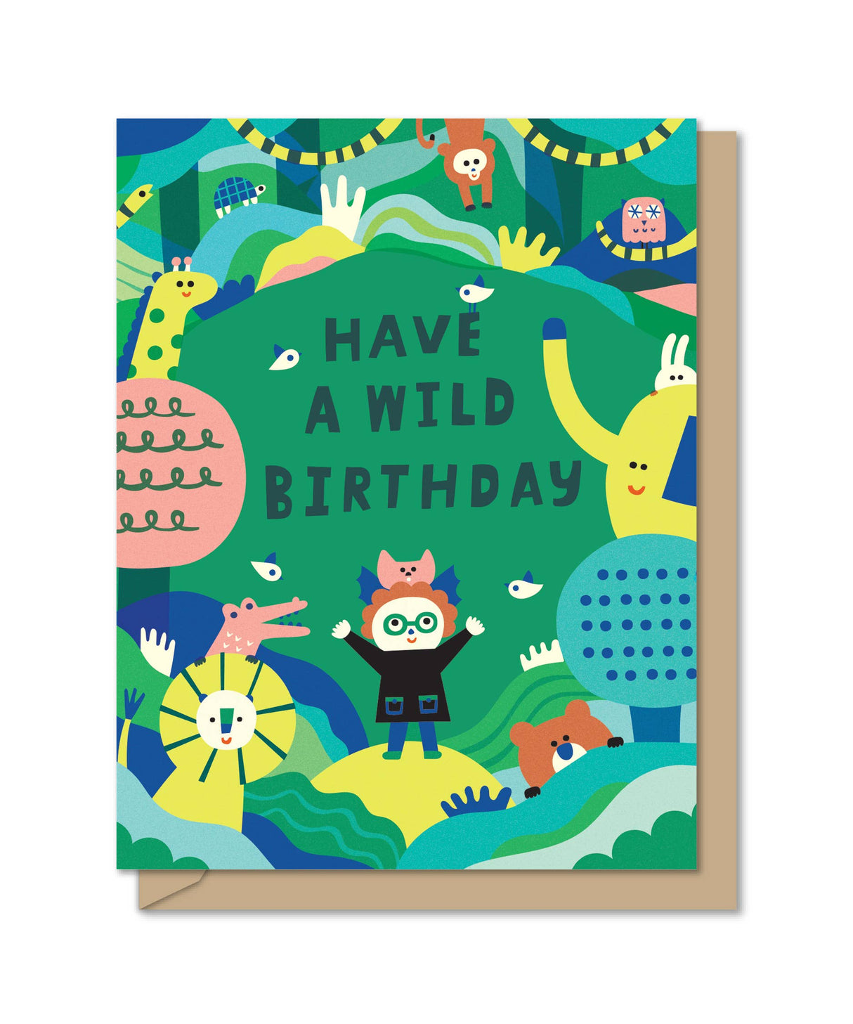 Colorful birthday card with playful jungle animals and the text Have a Wild Birthday on green background