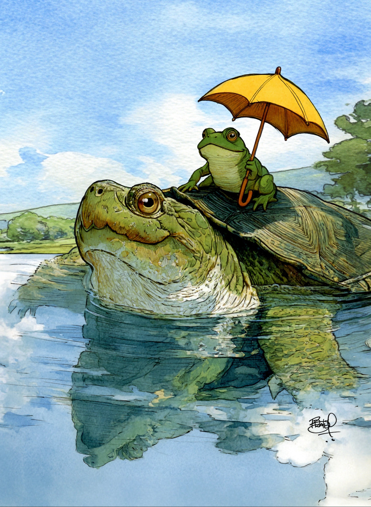 Hitching A Ride Turtle Card featuring a frog holding a yellow umbrella while riding a turtle in a pond