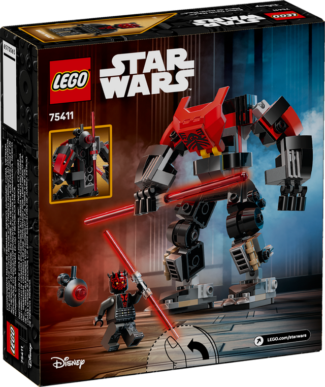 LEGO Star Wars Darth Maul Mech set with poseable battle suit, minifigure, double-bladed lightsabers, and Probe Droid accessory.