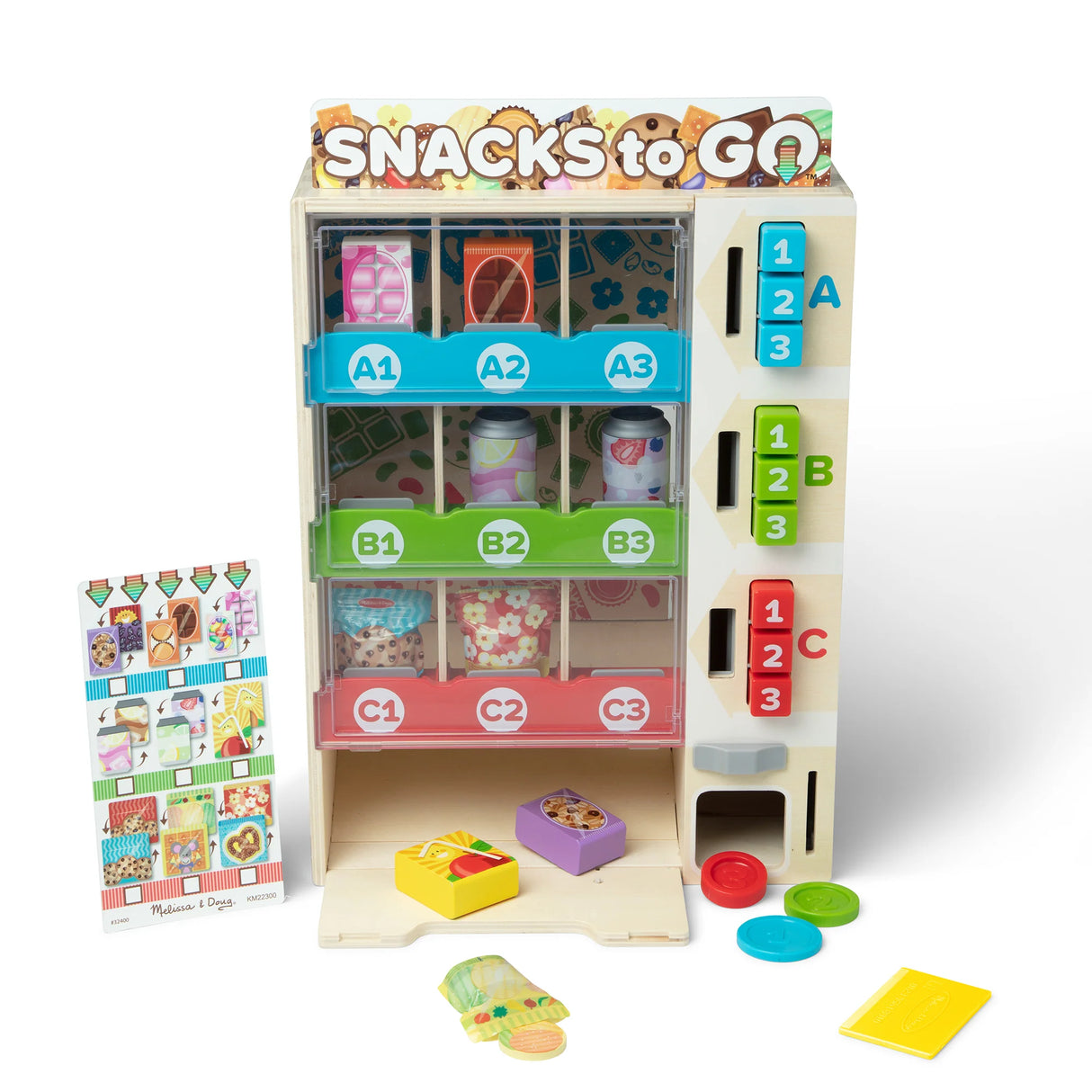 Wooden toy vending machine with colorful play food packages and tokens for interactive pretend play.