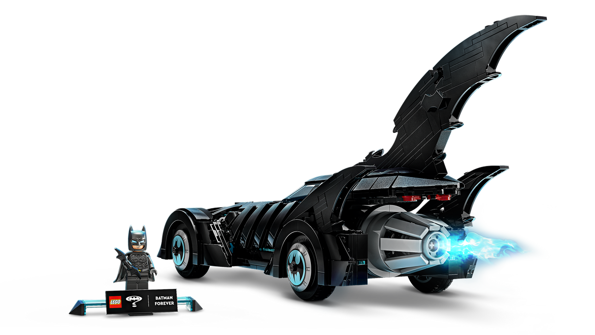LEGO Super Heroes DC Batman Forever Batmobile building kit with Batman minifigure and detailed Batmobile design.