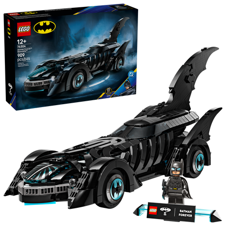Super Heroes DC Batman Forever Batmobile LEGO set with detailed Batmobile model and Batman minifigure, 909 pieces.