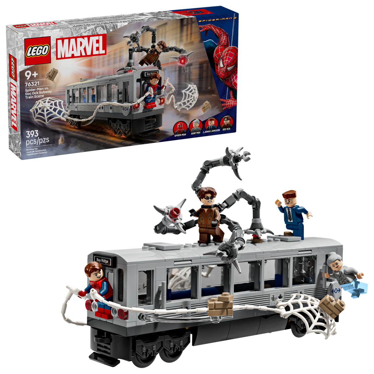 Super Heroes Marvel Spider-Man vs Doc Ock Subway Train Scene LEGO set with 4 minifigures and detailed subway train.