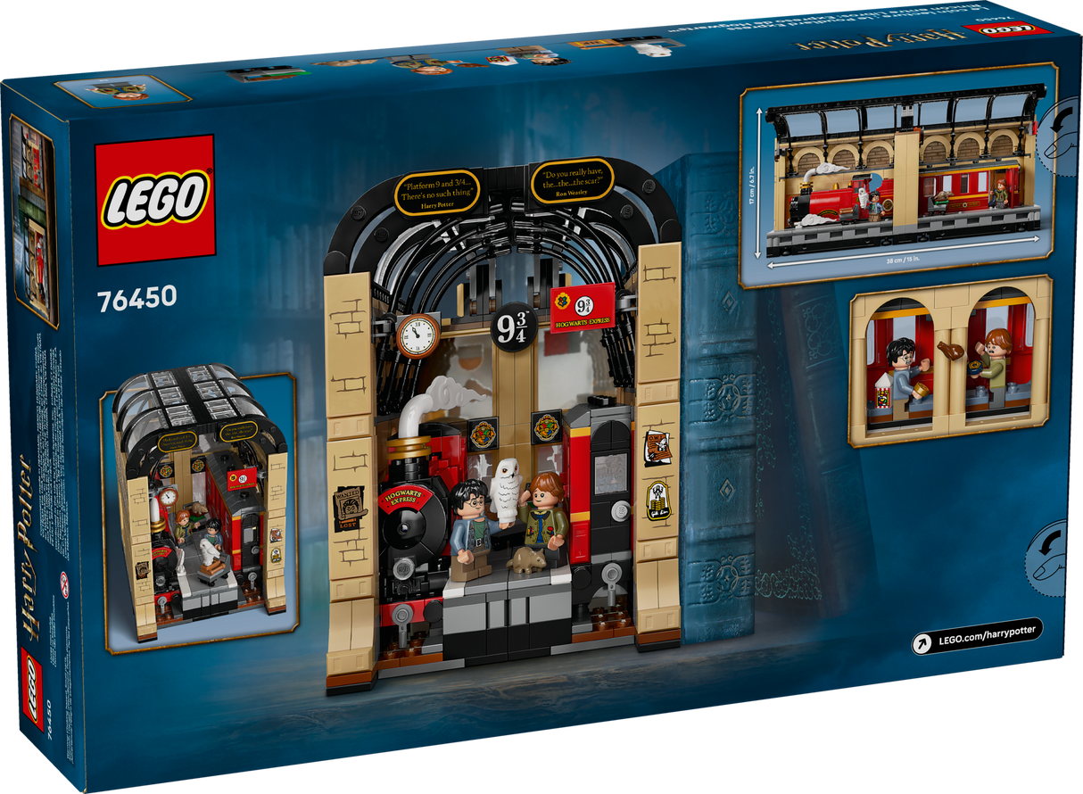 Harry Potter Book Nook: Hogwarts Express LEGO set showing train, platform 9¾ arch, and minifigures Harry and Ron with pets.