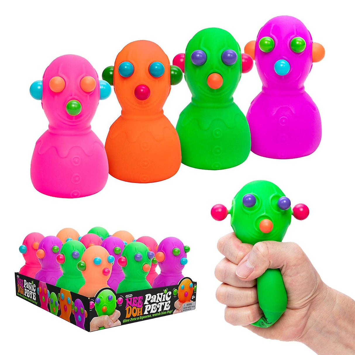 Bright assorted colored NeeDoh Panic Pete toys with popping eyes, nose, and ears, shown in hand and display box.
