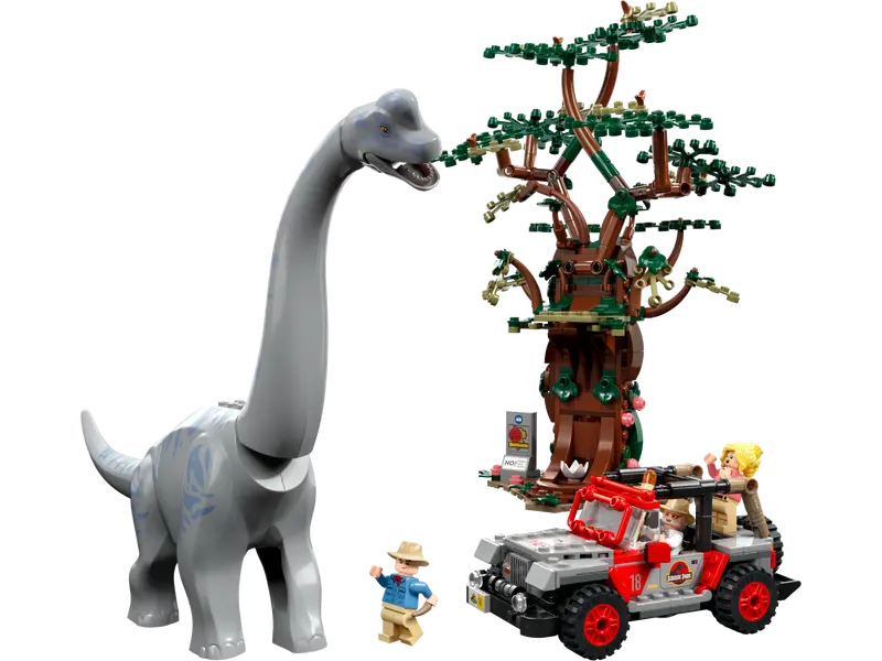 Brachiosaurus LEGO, three minifigures in a LEGO Jurassic Park branded car, and a LEGO tree.