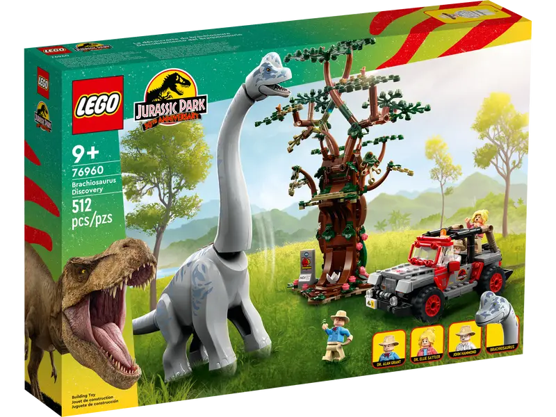 The front of a Jurassic Park LEGO set called Brachiosaurus Discovery. Includes 512 pieces. For ages 9 and up.