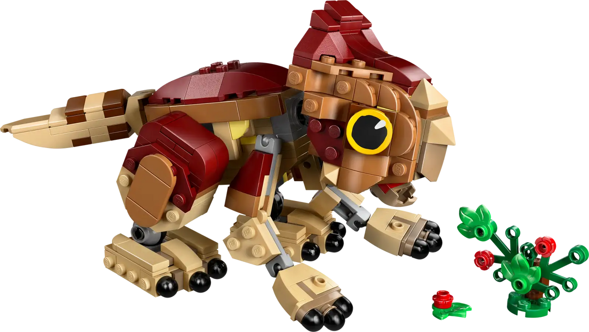 LEGO Jurassic Baby Dinosaur Dolores: Aquilops buildable figure with movable limbs and a plant accessory for kids aged 7 and up.