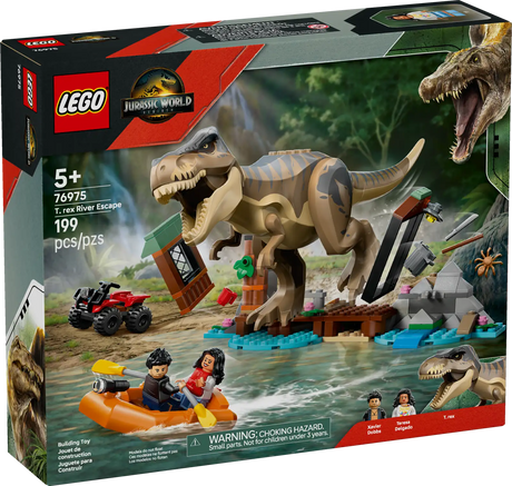 LEGO Jurassic T. Rex River Escape playset with movable T. rex, boat, ATV, and minifigures Teresa Delgado and Xavier Dobbs.