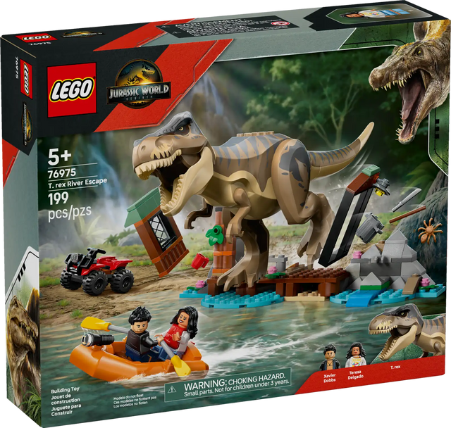 LEGO Jurassic T. Rex River Escape playset with movable T. rex, boat, ATV, and minifigures Teresa Delgado and Xavier Dobbs.