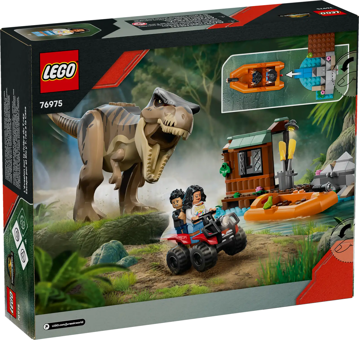 LEGO Jurassic T. Rex River Escape set featuring movable T. rex, minifigures, ATV, boat, and destroyable shed playset.