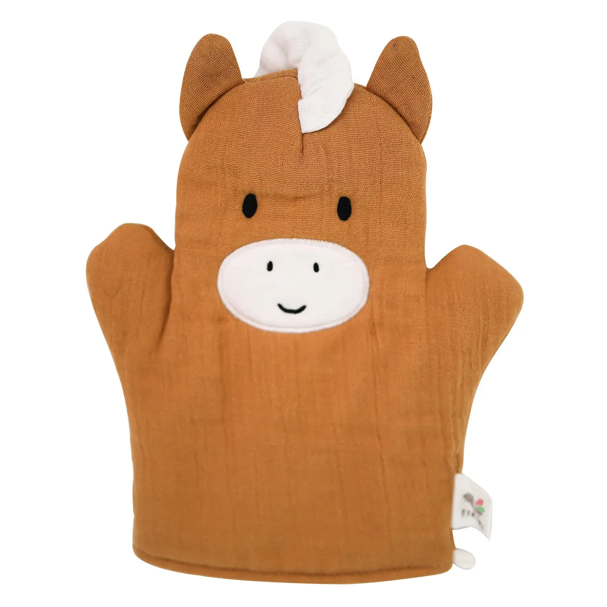 Farm Bath Mitt | Horse in soft brown cotton muslin with embroidered horse face for gentle baby bath time and play.