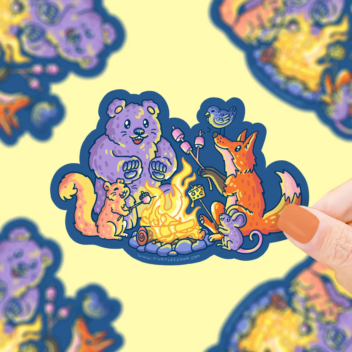 Campfire Critters Vinyl Sticker showing cute animals roasting marshmallows around a campfire on durable vinyl.