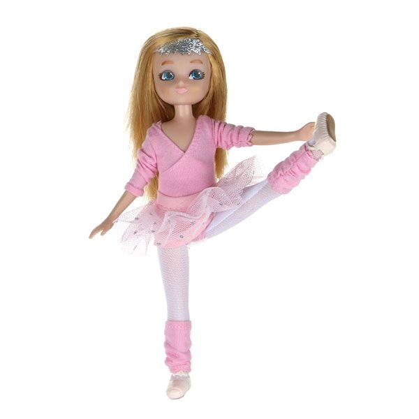Ballet doll wearing pink tutu, wraparound cardigan, sparkly headband, leg warmers, and ballet shoes in a dance pose