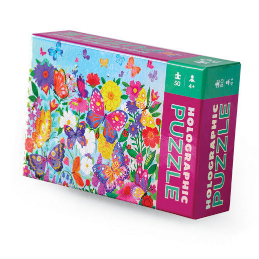 50pc Butterfly Garden Holographic Puzzle box showing vibrant butterflies and colorful flowers in a garden scene for ages 4+
