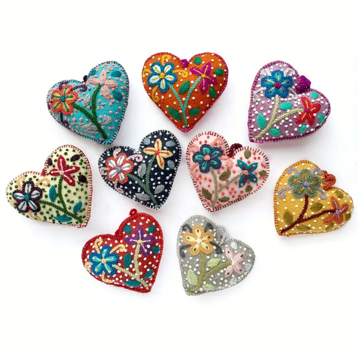 Embroidered Heart Ornament set of colorful hand embroidered hearts with floral designs and textured french dots.