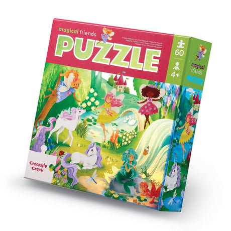 60pc Magical Friends Puzzle featuring whimsical unicorns and fairies in an enchanting forest scene for ages 4+