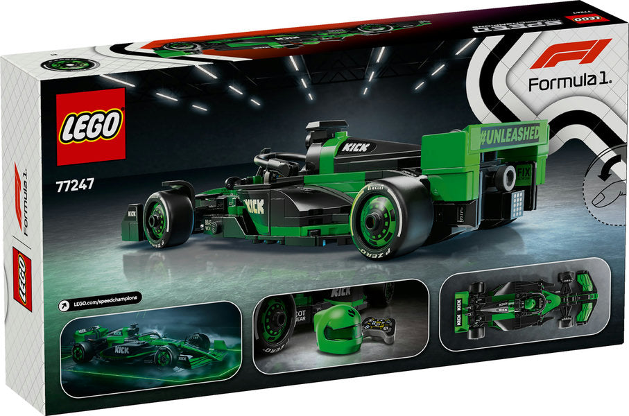 LEGO Speed KICK Sauber F1 Team C44 buildable race car toy with realistic details and driver minifigure.