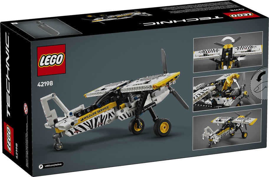 LEGO Technic Bush Plane toy set with zebra print, spinning propeller, adjustable ailerons, and visible piston engine features.