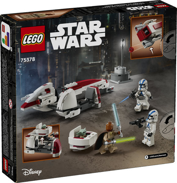 LEGO Star Wars BARC Speeder Escape set featuring minifigures, speeder bike with sidecar, and Grogu hoverpram build.