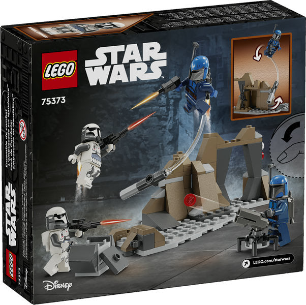 LEGO Star Wars Ambush on Mandalore Battle Pack with minifigures, jetpack, weapons, and buildable rock formation playset.
