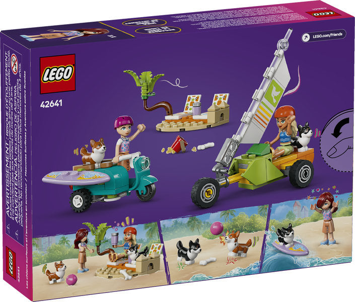LEGO Friends Surfing Dogs and Scooter Adventure set with minidolls, corgis, scooter, land yacht, and surfboard play features.