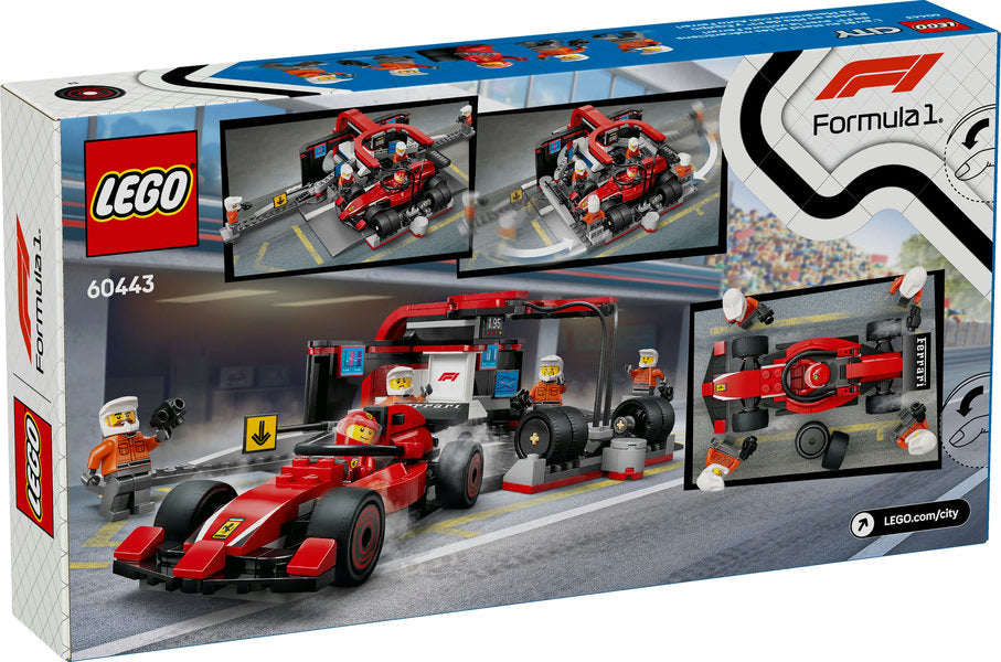 LEGO City F1 Pit Stop & Crew with Ferrari Car building set featuring race car and pit crew minifigures in action.