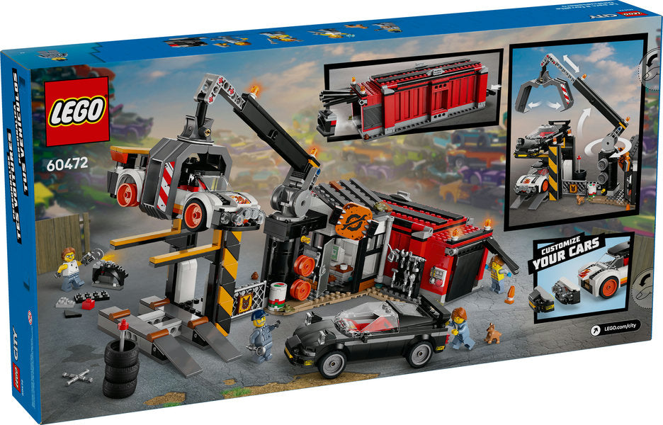 LEGO City Scrapyard with Cars playset featuring claw crane, crusher, classic cars, minifigures, and salvage parts.