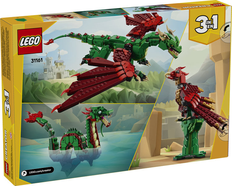 LEGO Creator Medieval Dragon set with posable green and red dragon, sea serpent, and phoenix builds for imaginative play.
