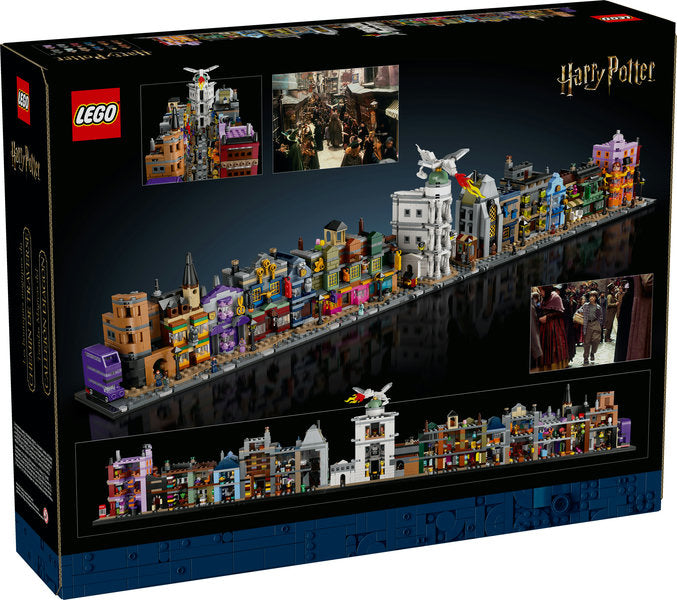LEGO Harry Potter Diagon Alley Wizarding Shops microscale display featuring iconic magical buildings and microfigures.