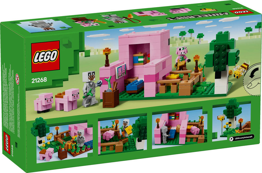 Minecraft The Baby Pig House set with pig figures, hero, zombified piglin, garden, and pig-shaped house in forest biome.