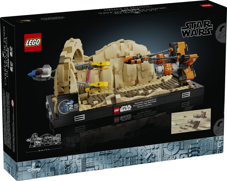 Star Wars Mos ESPA Podrace Diorama LEGO set featuring Anakin’s Podracer racing through Arch Canyon display.