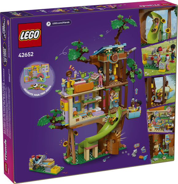 LEGO Friends Friendship Tree House Hangout with slide, elevator, veggie patch, and customizable window details.