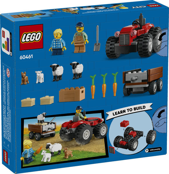 LEGO City Red Farm Tractor with Trailer toy set with minifigures, sheep, carrots, and hay bales for farm play.
